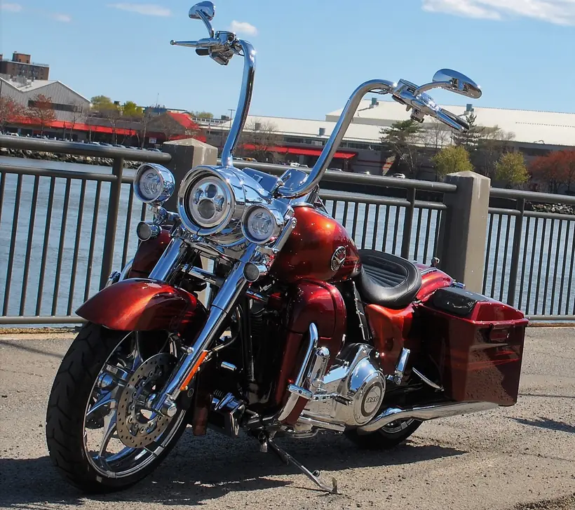 Red 2013 CVO Road King with tall chrome ape hangers