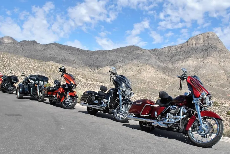 Harley baggers lined up on a mountain road