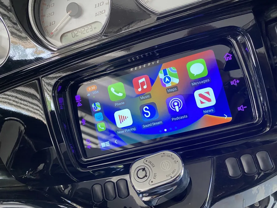 Apple CarPlay head unit installed in a Harley fairing